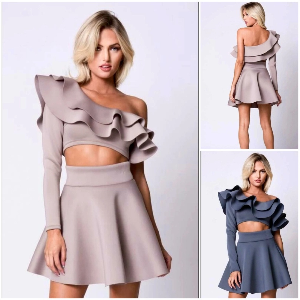 One Shoulder Ruffle Flared Skirts Set